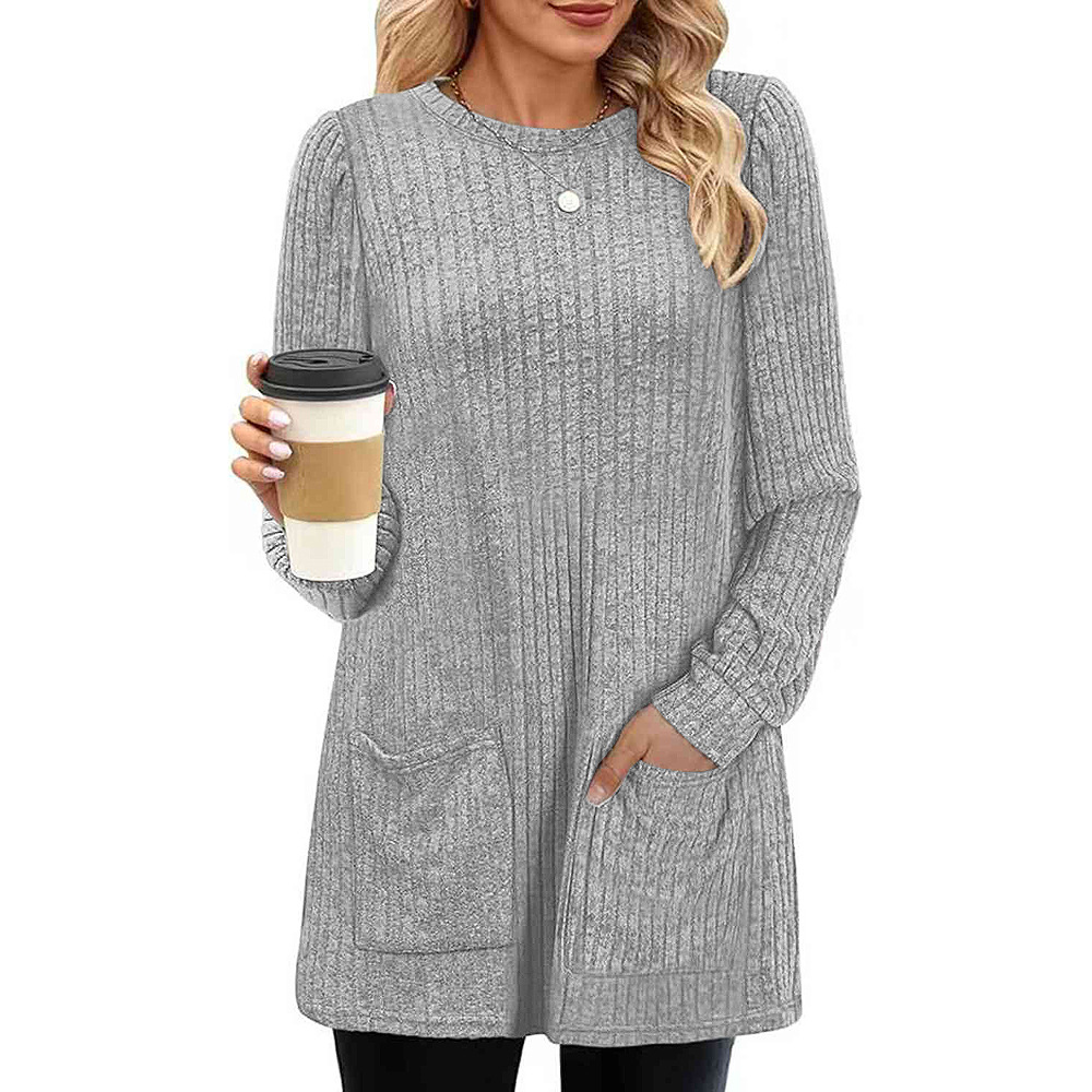 2023 Europe and the United States cross-border autumn and winter new supply long sweater crew neck pit solid color pocket long shirt women - Image 10