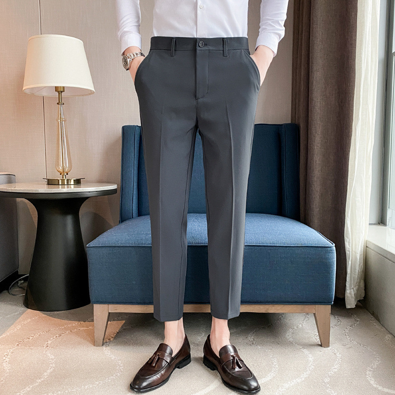 Men's Casual Pants Spring and Autumn Nine-point Pants Men's Slim-fit fleece-lined Warm Nine-point Small Pants Black Ins Trousers Men - Image 6