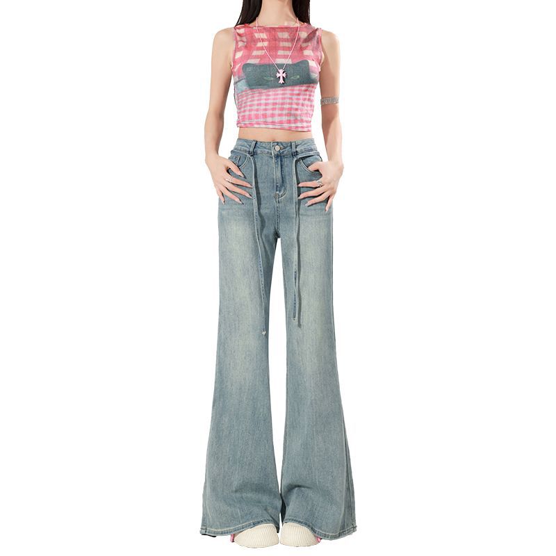 American Retro High-Waisted Slimming Design Drapey Jeans for Women Spring New 2025 High-Waisted Flared Wide-Leg Pants - Image 5