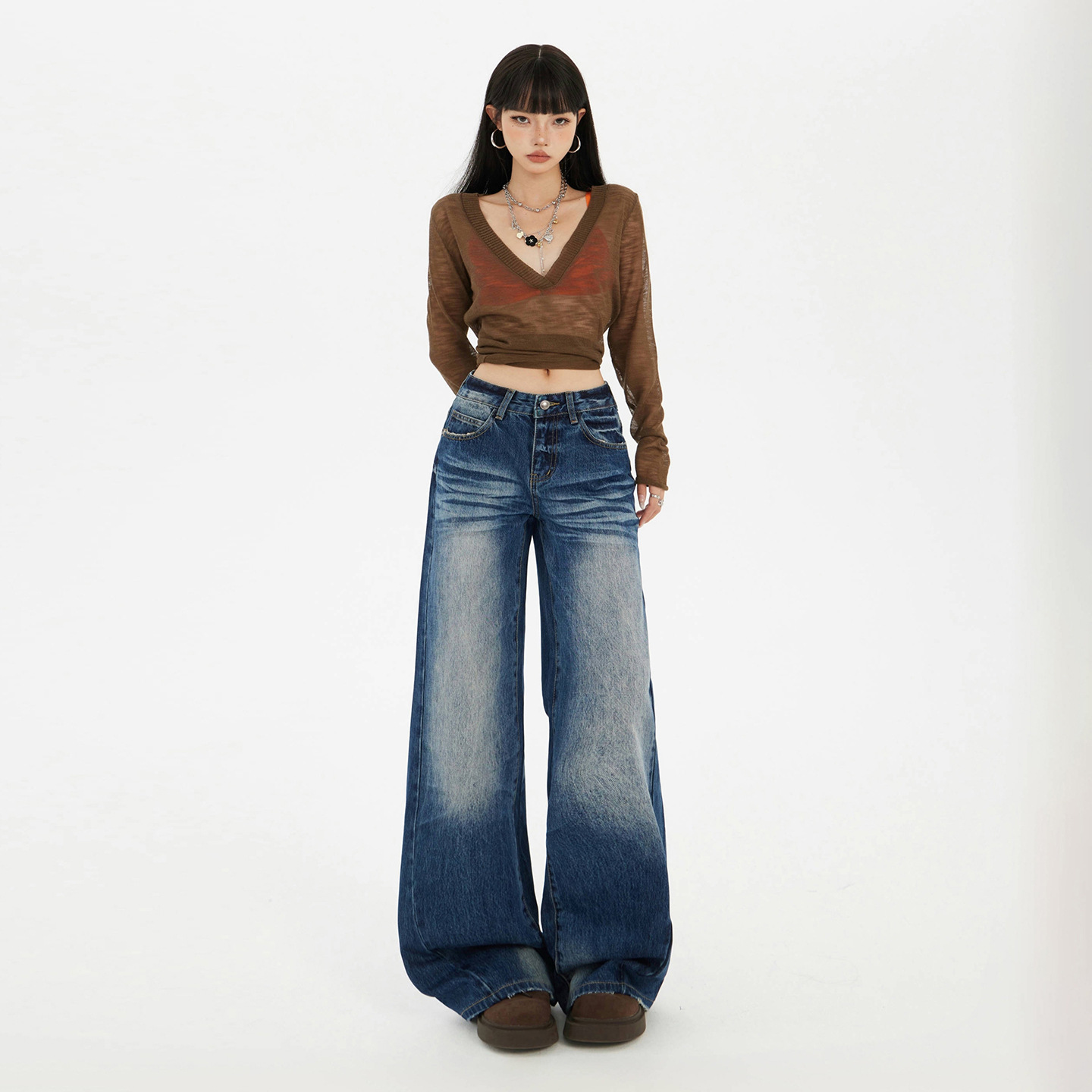 Retro American Style Loose Wide-Leg Pants with Draping Effect, Versatile 2025 Autumn/Winter New Pleated Gradient Women's Jeans