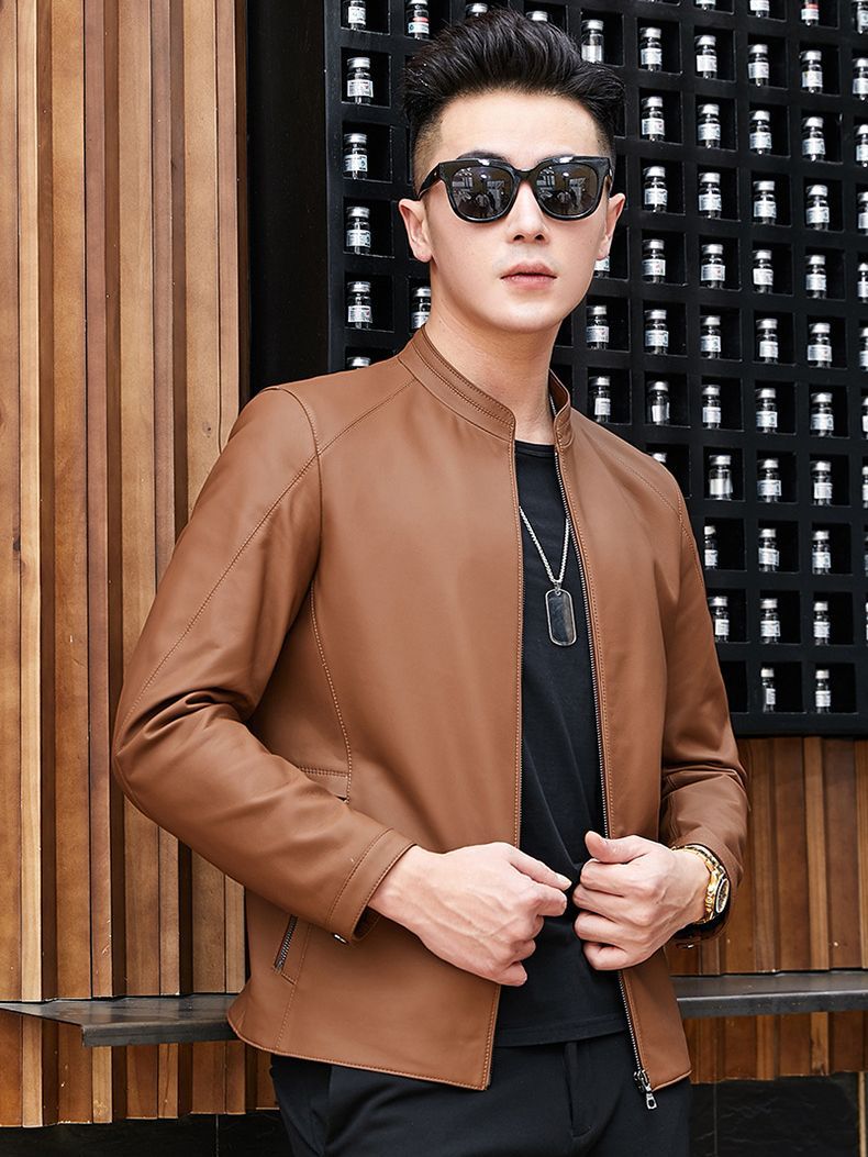 Haining Leather Jacket Spring and Autumn New Thin Genuine Leather Jacket for Middle-aged Men's Mat-gloss Style Collar Casual Leather Jacket - Image 2
