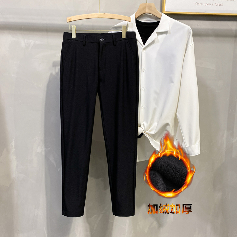 Dipped Trousers Men's Mid-Waist Small Straight Korean Style Light Mature Business Suit Long Pants Ankle-Length Pants Casual Pants Fleece-Lapped Pants - Image 11
