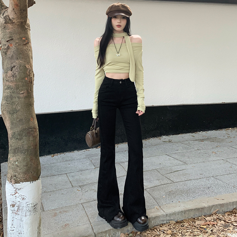 High Waist Micro-flared Jeans Women's 2025 Spring New Arrival Short-length Rag-edge Design Stretch Slim-fit Horseshoe Pants - Image 14