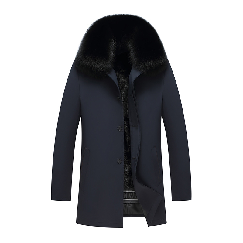 Men's Pure Color Winter Warm Outwear with Fur Collar Liner Removable Mid-Length Thickeneded Pie Jacket - Image 2