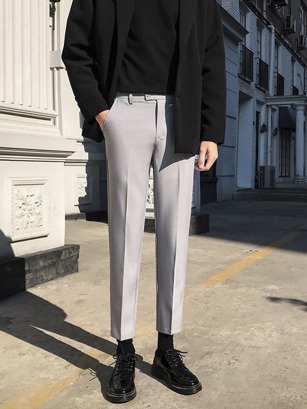 Autumn New Korean Style Straight-Leg Cropped Suit Pants for Men, Wrinkle-Free Slim-Fit Tapered Casual Suit Trousers - Image 3