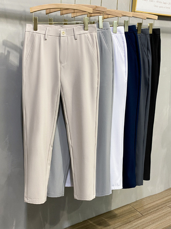 Dipped Trousers Men's Mid-Waist Small Straight Korean Style Light Mature Business Suit Long Pants Ankle-Length Pants Casual Pants Fleece-Lapped Pants - Image 3