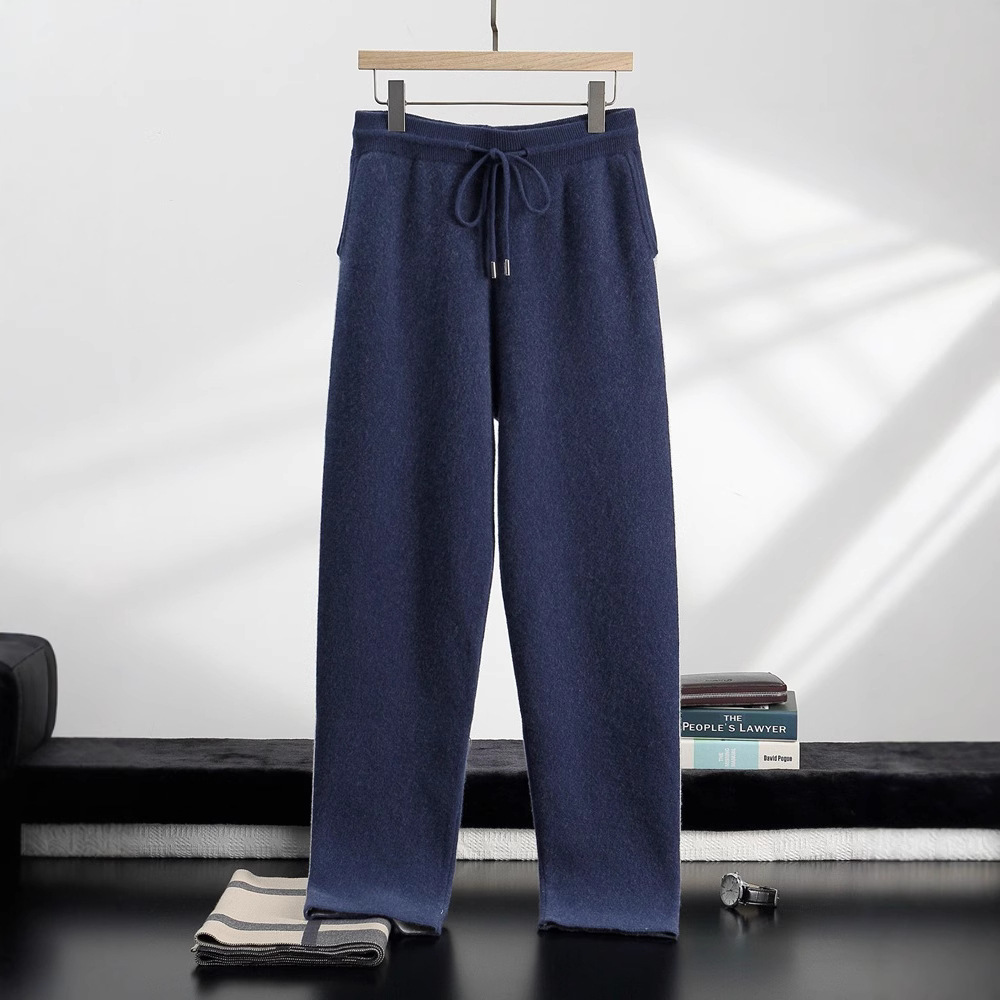 Autumn and Winter Thickeneded Four-Flat Wear-Resistant Cashmere Knitted Pants for Men with Pockets, Elastic Waist, Lace-Up Pure Color Pants - Image 2