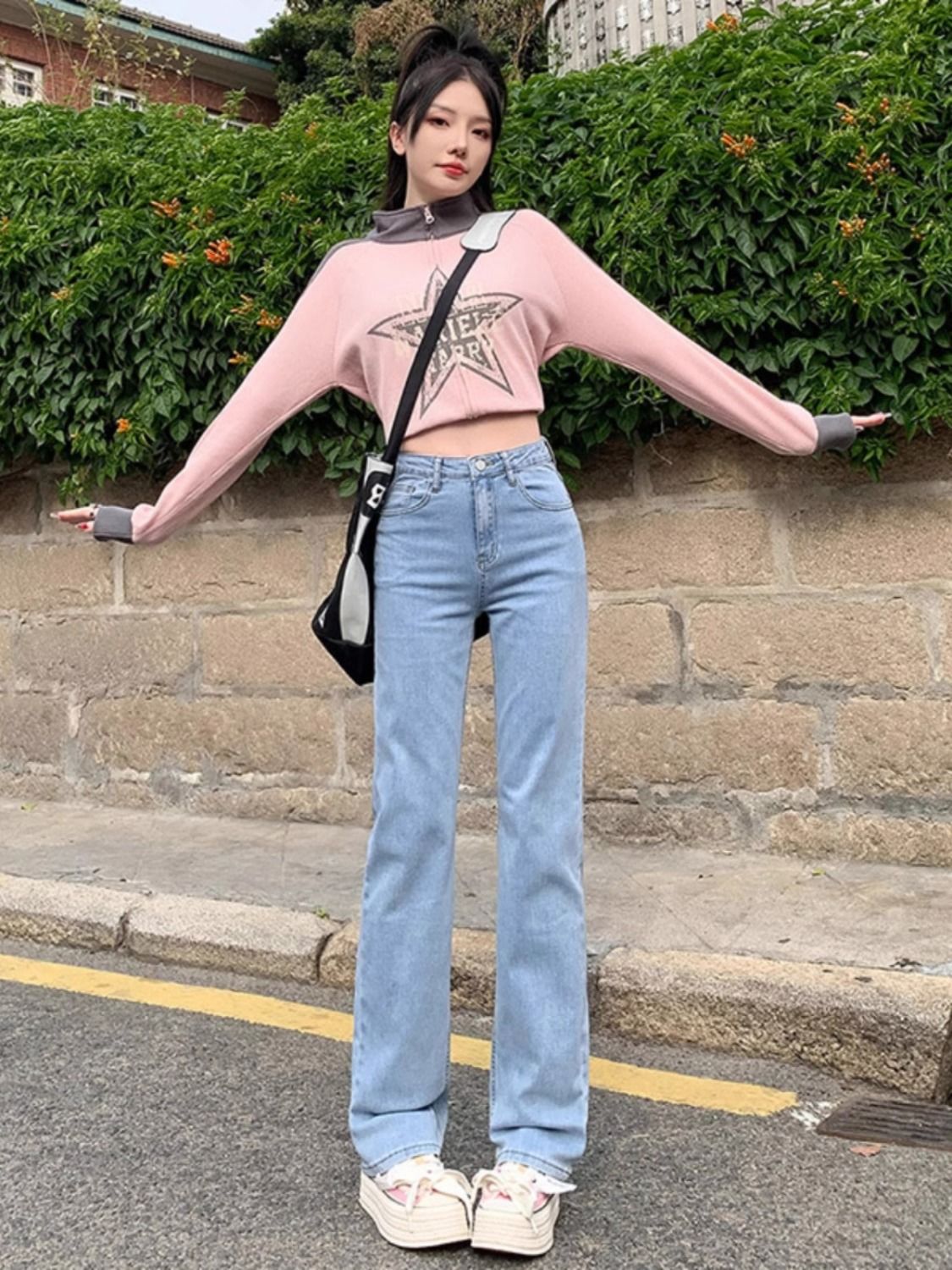 Light Blue Straight Jeans for Women Spring New Loose Pants Elastic Waist Casual American High Street Wide Leg Pants - Image 3