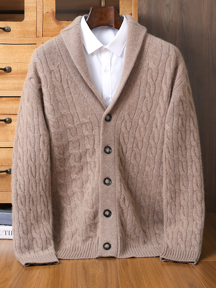 Thickened Autumn and Winter Retro Twisted Green Fruit Collar Cashmere Knitted Cardigan Men's Casual Sweater Loose Jacket Fashion - Image 3