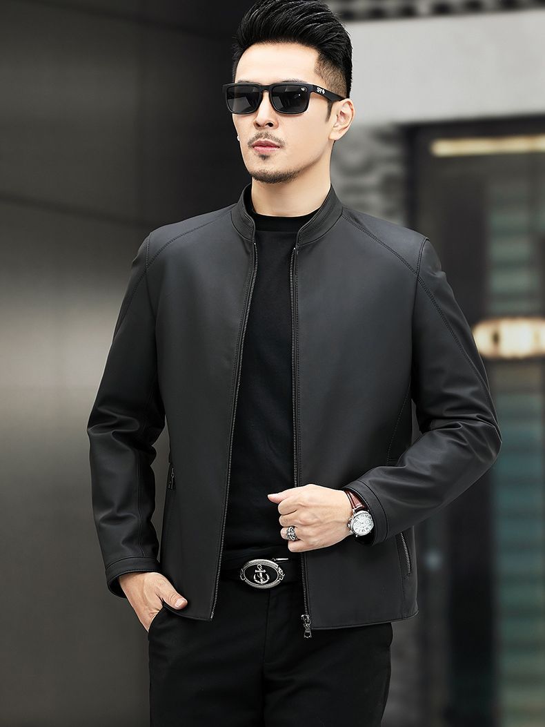 Haining Leather Jacket Spring and Autumn New Thin Genuine Leather Jacket for Middle-aged Men's Mat-gloss Style Collar Casual Leather Jacket - Image 5
