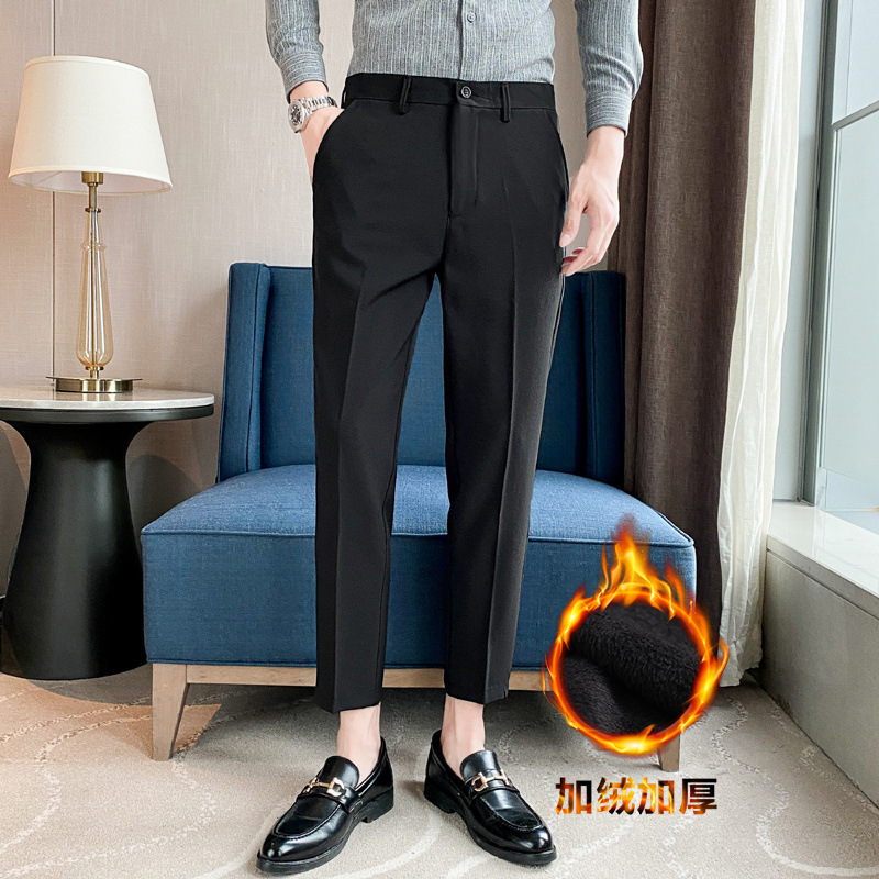 Men's Casual Pants Spring and Autumn Nine-point Pants Men's Slim-fit fleece-lined Warm Nine-point Small Pants Black Ins Trousers Men - Image 12