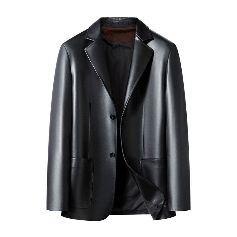 High-End Haining Autumn and Winter Leather Jacket for Men, Sheepskin Slim-Fit Korean Style Handsome Suit Collar Motorcycle Light Luxury Autumn Men's Suit - Image 6