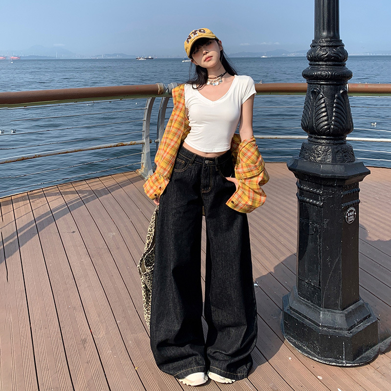 American-Style Wide-Leg Jeans for Women, 2025 Autumn and Winter New Style, Fleece-Lined, Straight-Leg, Loose, High-Waisted, Slimming, Thin Fleece, Floor-Length Pants - Image 8