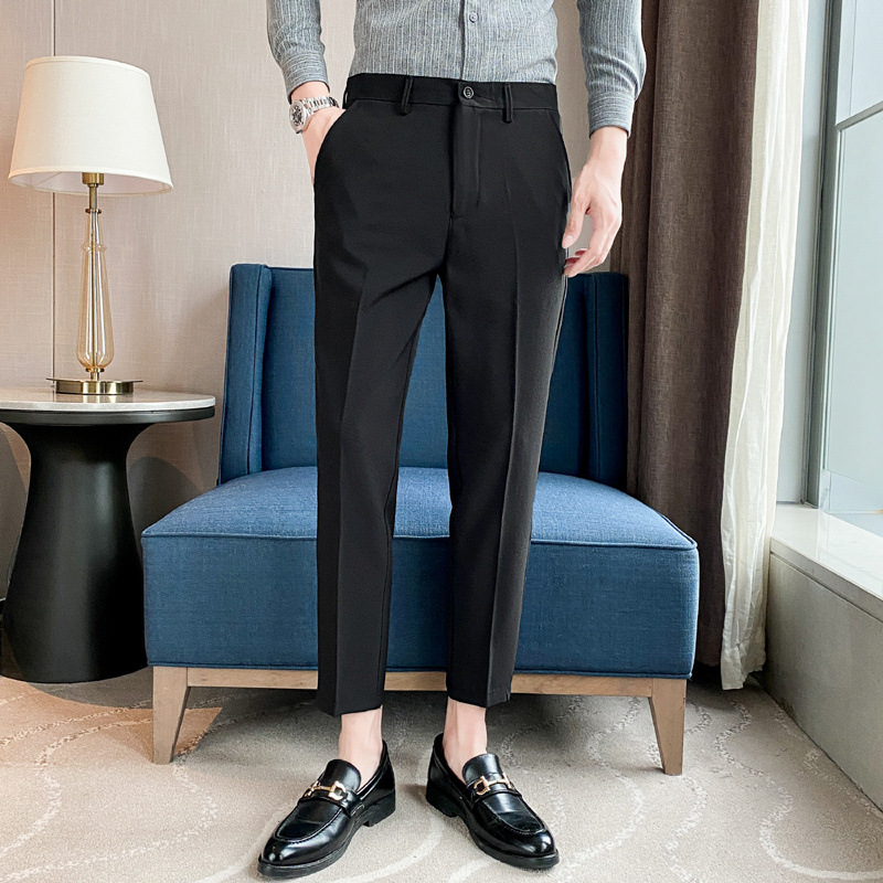 Men's Casual Pants Spring and Autumn Nine-point Pants Men's Slim-fit fleece-lined Warm Nine-point Small Pants Black Ins Trousers Men - Image 14