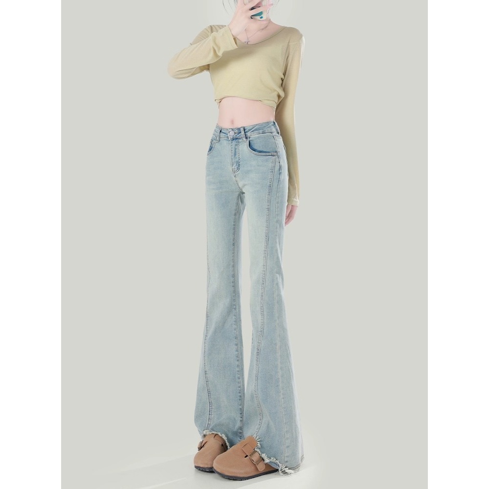 Light Blue High-Waisted Bootcut Jeans for Women 2025 New Slim Fit Versatile Raw Edge Flared Horseshoe Pants - Image 2