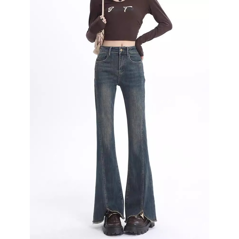 Women's Flared Jeans 2025 Summer New High-Waisted Slim Fit Bootcut Raw Hem Pants