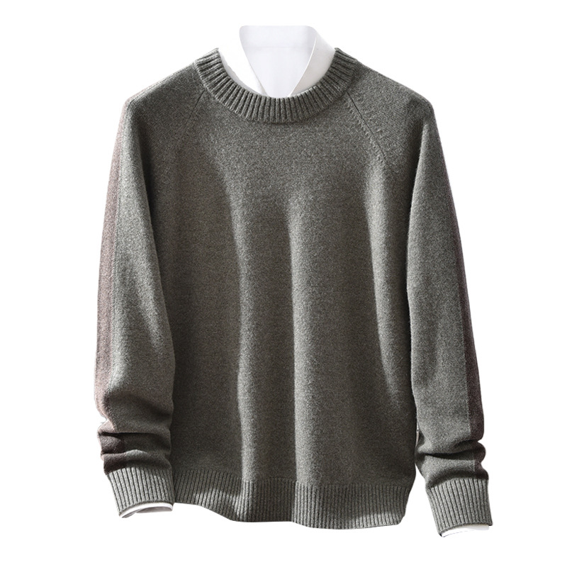 100% Pure Cashmere Men's Round Neck Color-Blocked Casual Cashmere Knitwear Autumn and Winter New Loose Warm Inner Knitwear - Image 5
