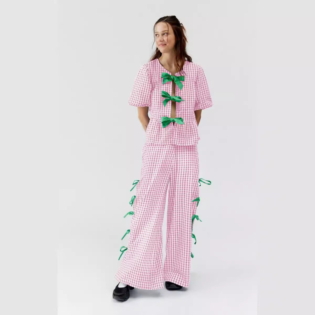 2025 Autumn European and American Cross-border New Women's Plaid Trousers Fashion Split Thin Belt Loose Plaid Trousers Women - Image 5