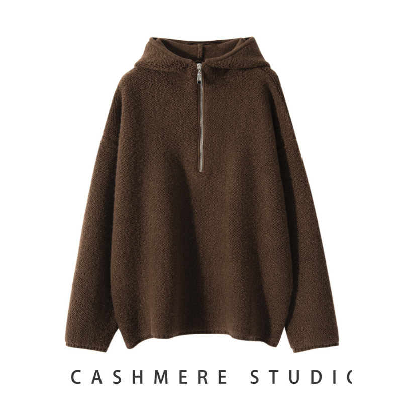 Autumn and Winter New Hooded Half Zip Top Mountain Cashmere Sweater Women's Knitted Base Shirt Long Sleeve Loose Thick Sweater - Image 2
