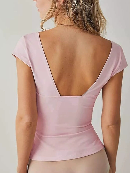 Amazon Europe and America Cross-border Foreign Trade 2025 Spring Solid Color Low-cut Sexy Wrap Chest V-neck Short-sleeve Casual T-shirt Women - Image 3