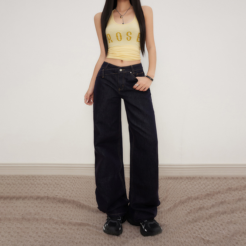 Retro American-Style Low-Waist Loose Straight-Leg Pants with Irregular Waist Design, Versatile Slim-Fit Narrow Jeans for Women