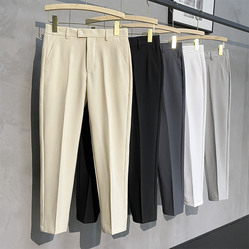 Spring Draped Trousers for Men with Small Feet, Straight Slim Fit Nine-Point Suit Trousers, Casual Men's Large Size Non-Iron Long Trousers, Trendy