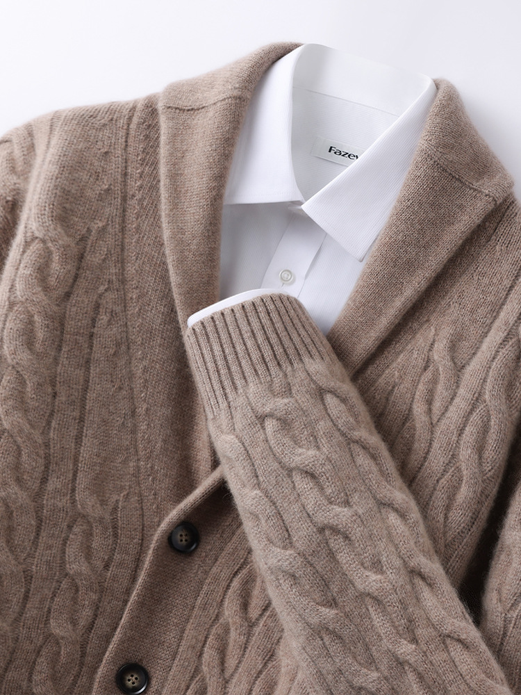 Thickened Autumn and Winter Retro Twisted Green Fruit Collar Cashmere Knitted Cardigan Men's Casual Sweater Loose Jacket Fashion