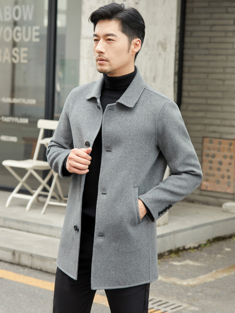 Men's Business Square Collar Double-Sided Wool Coat, 100% Wool, Hand-Sewn Pure Wool Mid-Length Style