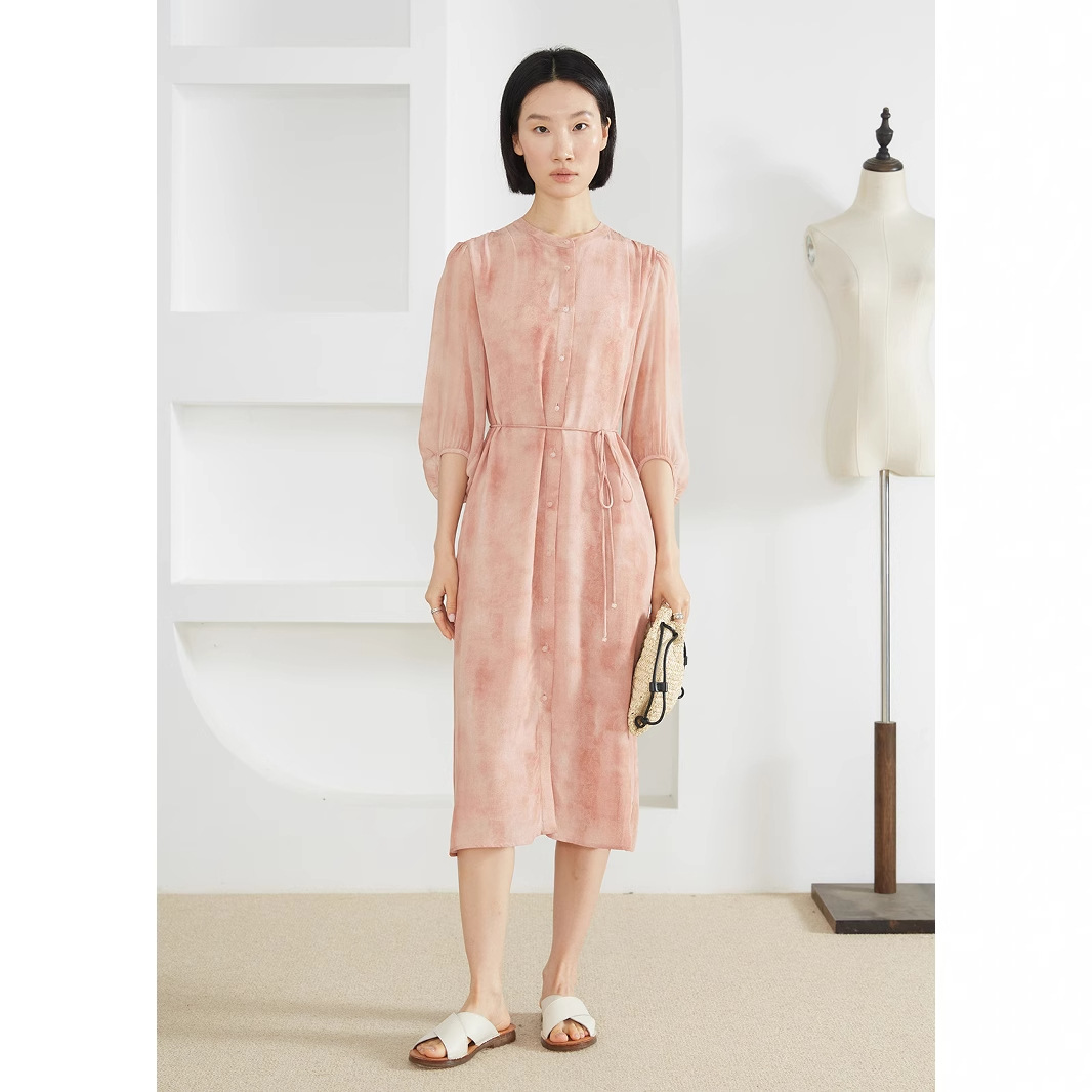 Craftsmanship of Color Dyeing, 100% Mulberry Silk, Chinese Style Printed Dress, Stand Collar Tie-Up Shirt Dress, Spring - Image 4