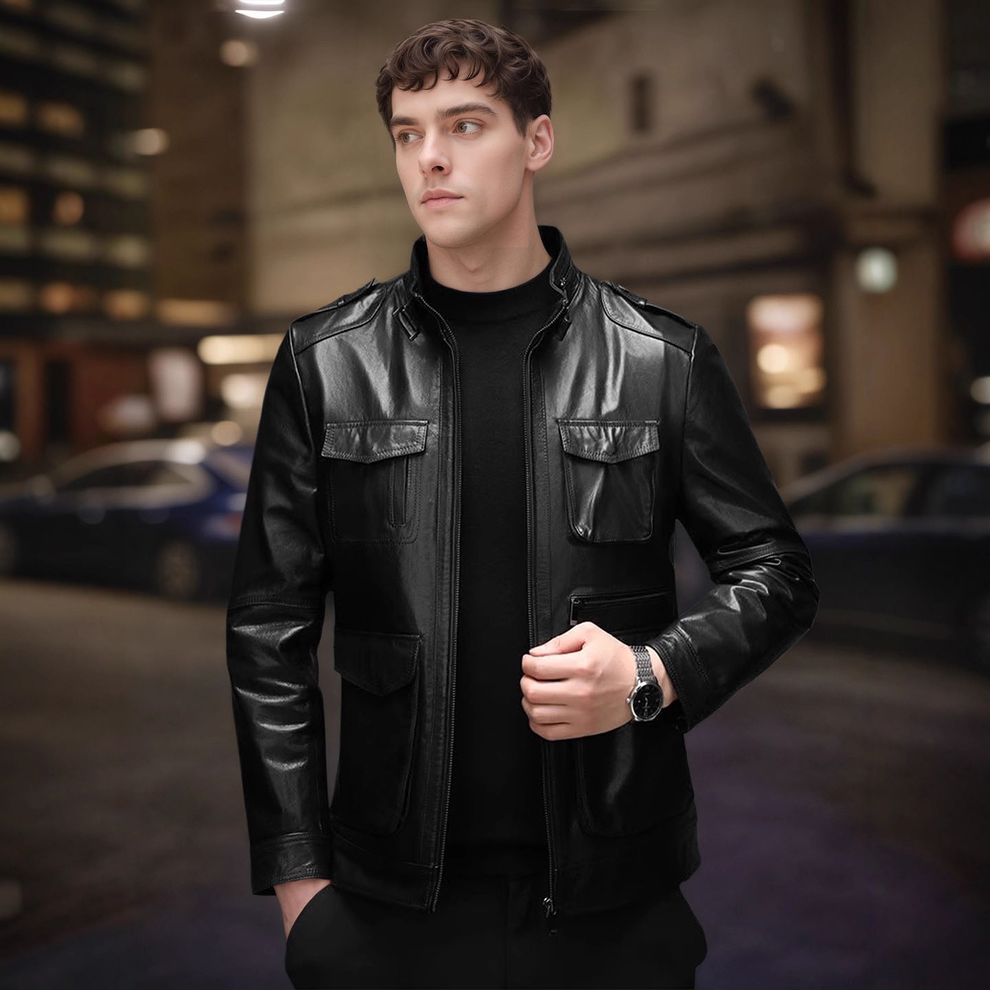 2025 Spring and Autumn New Fashion High-End Cowhide Genuine Leather Jacket Stand Collar Slim Casual Jacket Men's Short Jacket