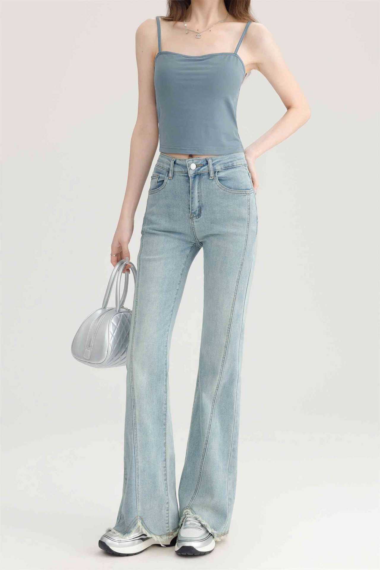 Light-Colored Raw Edge Bootcut Jeans for Women 2025 New Spring and Autumn High-Waisted Petite Bell-Bottom Jeans for Women - Image 7