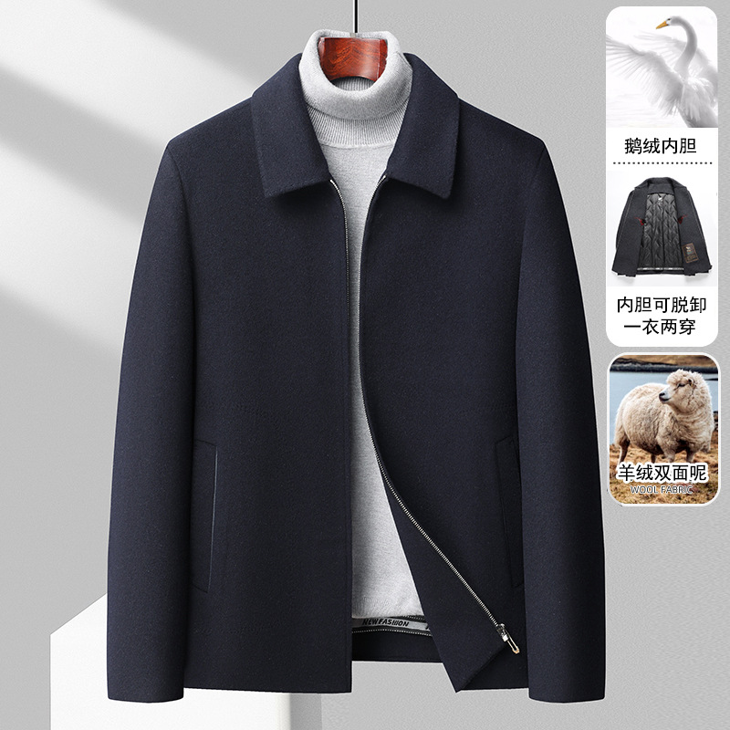 Autumn and Winter new men's cashmere jacket middle-aged lapel dad's goose down detachable liner woolen jacket coat - Image 3