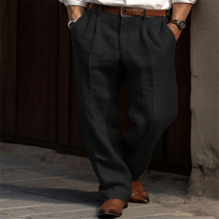 2025 New Men's Linen Straight-Leg Trousers Solid Color Plaid Breathable Casual Daily Vacation Cotton Blend Trousers - Image 8