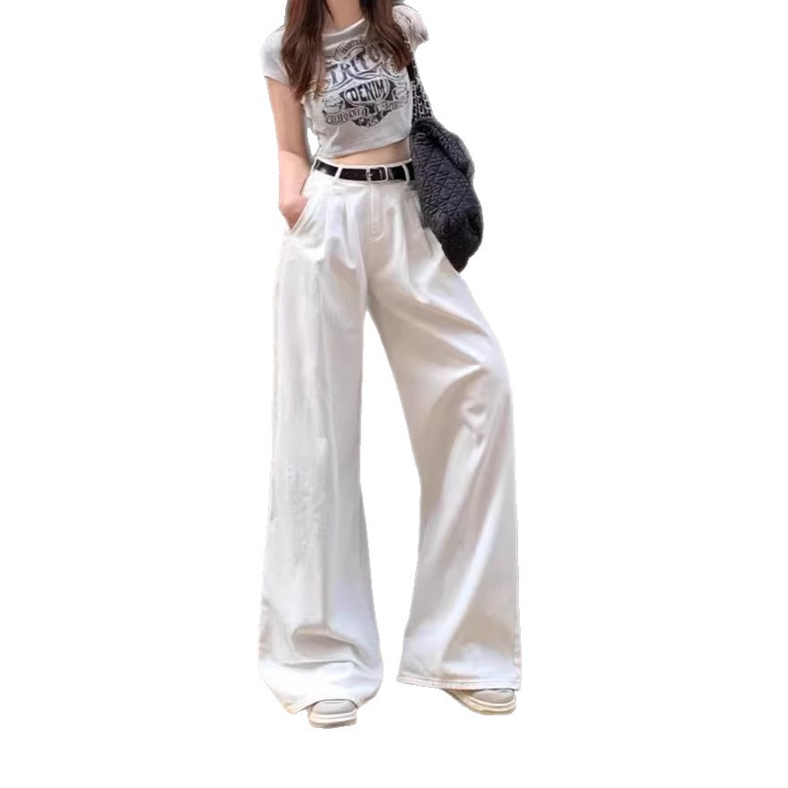 White Wide-Leg Jeans for Women, Summer Thin Fashion Slimming Loose Casual Pleated Drape Versatile Floor-Length Pants - Image 5