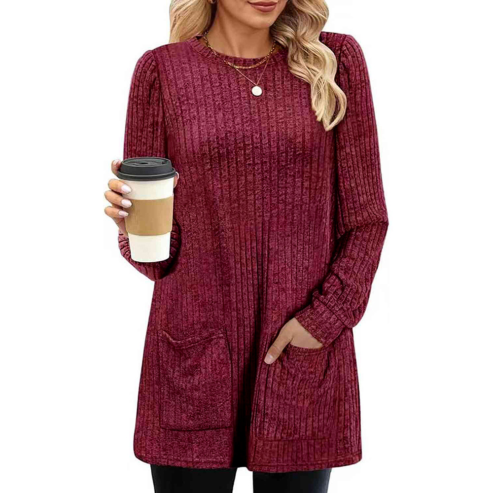 2023 Europe and the United States cross-border autumn and winter new supply long sweater crew neck pit solid color pocket long shirt women - Image 7