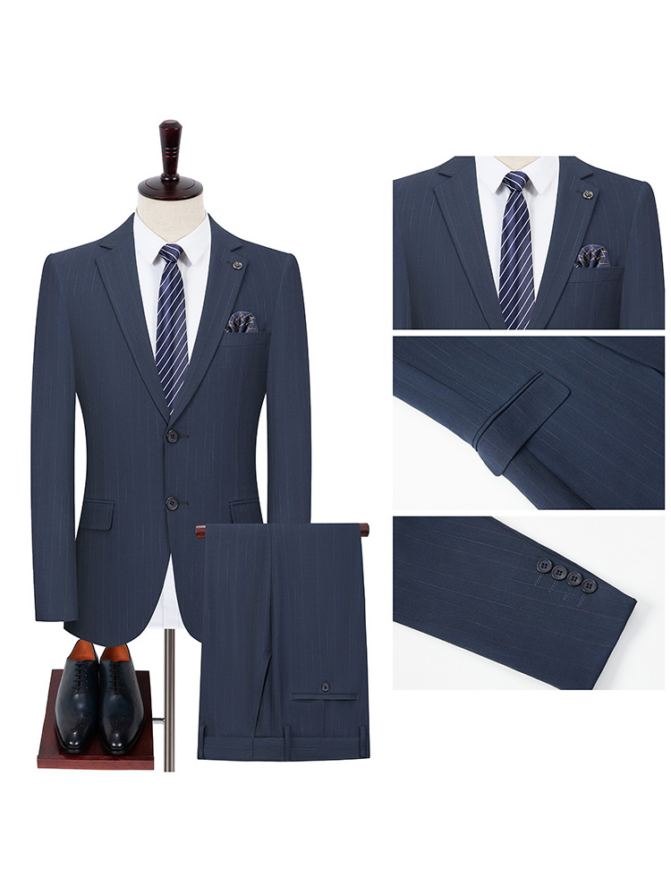 Men's Suit for Light Business Casual Occasions, Blue Striped Side Slit Groom's Suit, Slim Fit Style - Image 2