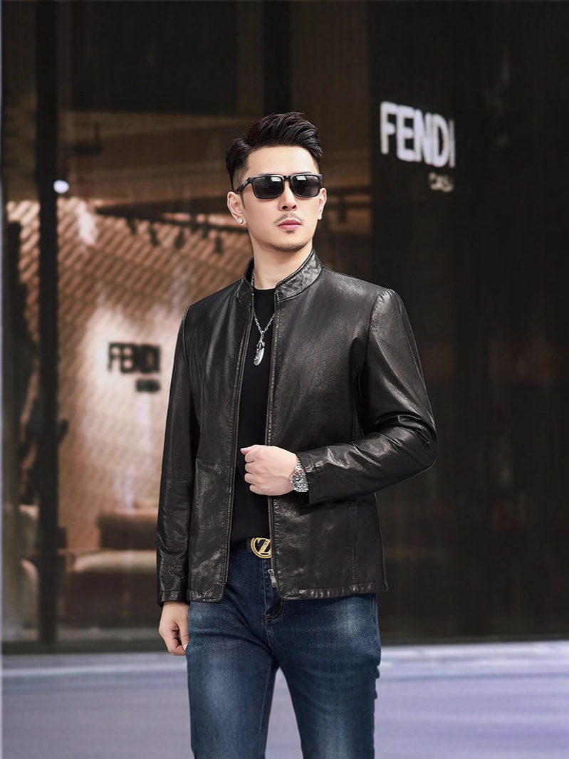 New Genuine Leather Men's Stand Collar Fashion Short Slim Leather Jacket Thin Trendy Coat Wholesale - Image 3