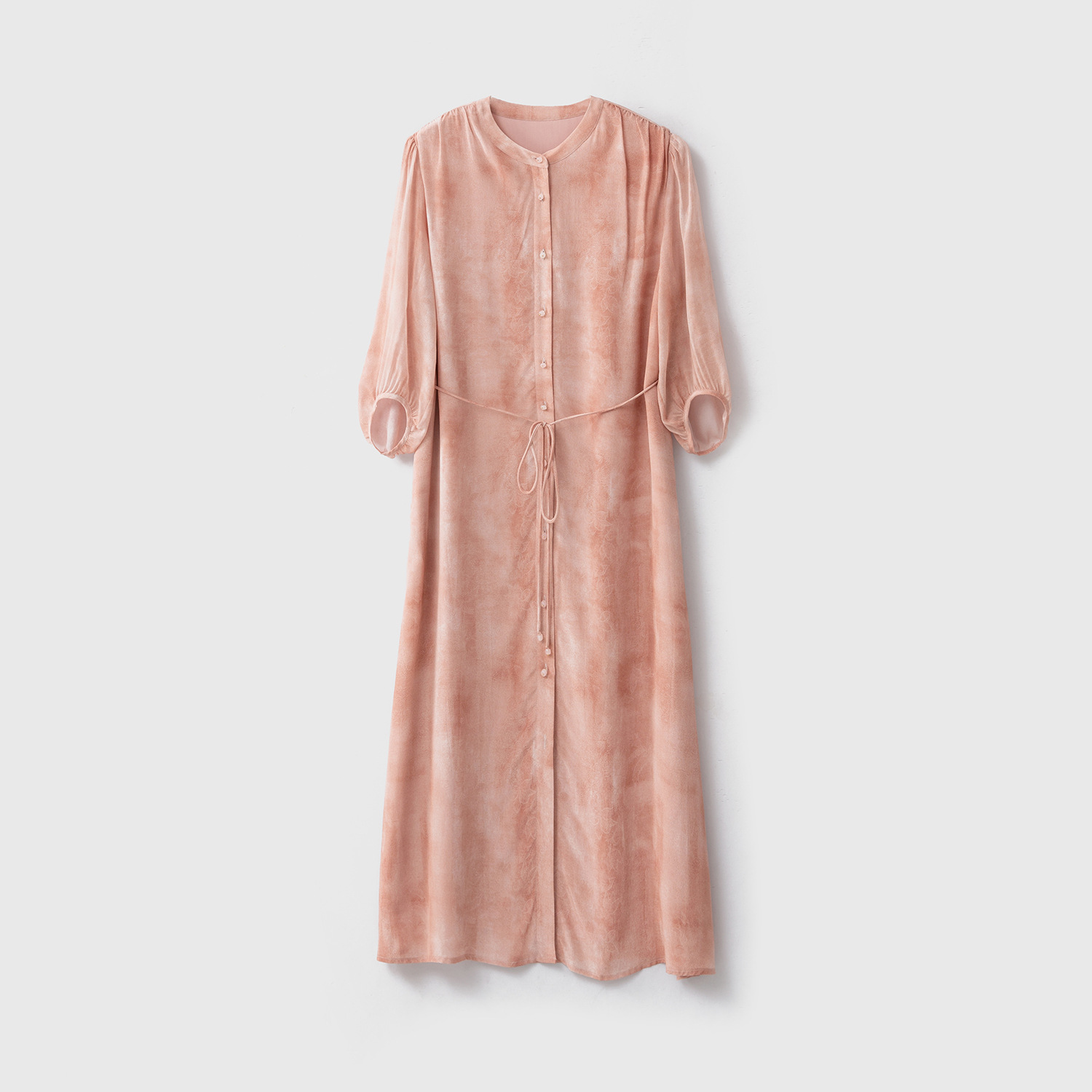 Craftsmanship of Color Dyeing, 100% Mulberry Silk, Chinese Style Printed Dress, Stand Collar Tie-Up Shirt Dress, Spring - Image 6