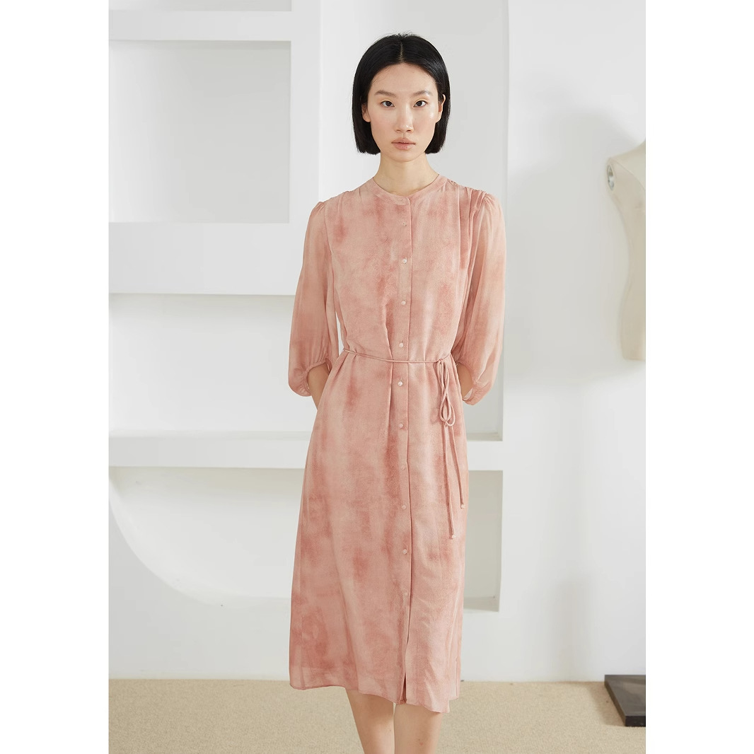 Craftsmanship of Color Dyeing, 100% Mulberry Silk, Chinese Style Printed Dress, Stand Collar Tie-Up Shirt Dress, Spring - Image 3