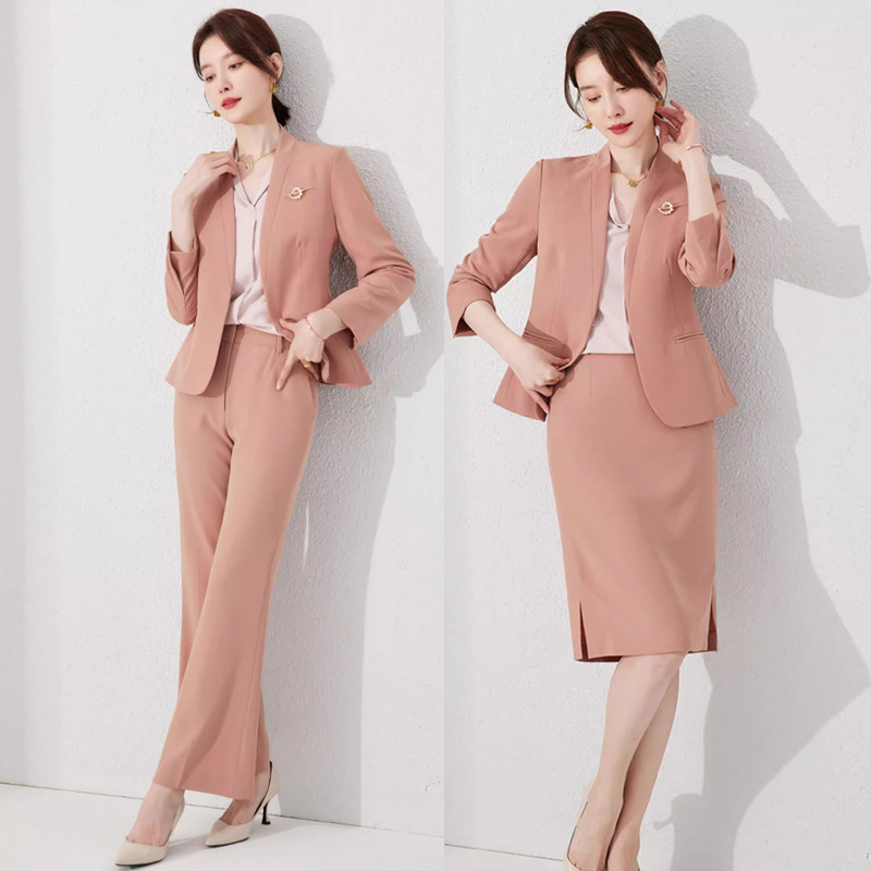 Spring and Autumn New Pink Elegant Goddess Fan Professional Suit Fashion Collarless Broadcasting Host Dress Dress