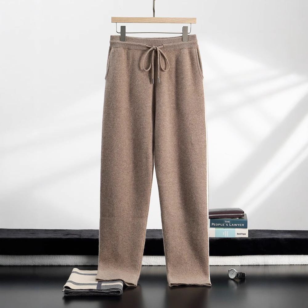 Autumn and Winter Thickeneded Four-Flat Wear-Resistant Cashmere Knitted Pants for Men with Pockets, Elastic Waist, Lace-Up Pure Color Pants