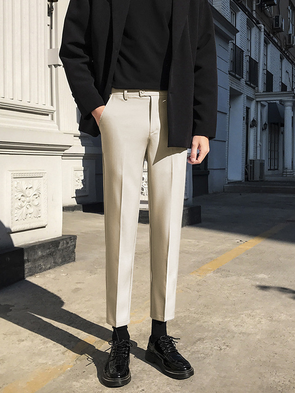 Autumn New Korean Style Straight-Leg Cropped Suit Pants for Men, Wrinkle-Free Slim-Fit Tapered Casual Suit Trousers - Image 4