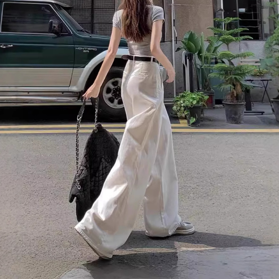 White Wide-Leg Jeans for Women, Summer Thin Fashion Slimming Loose Casual Pleated Drape Versatile Floor-Length Pants - Image 4