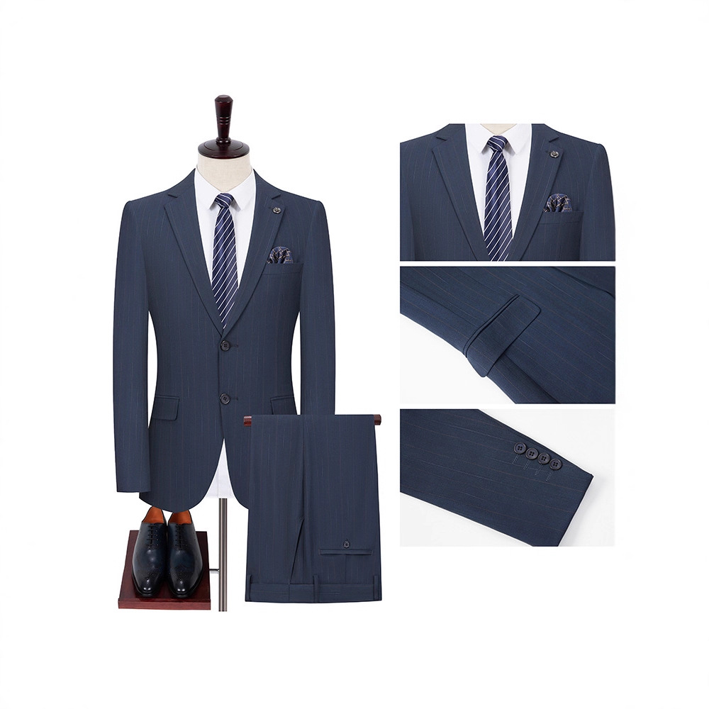 Advanced New Suit Men's Light Business Casual Banquet Suit Korean Style Blue Striped Side Slit Groom Suit - Image 2