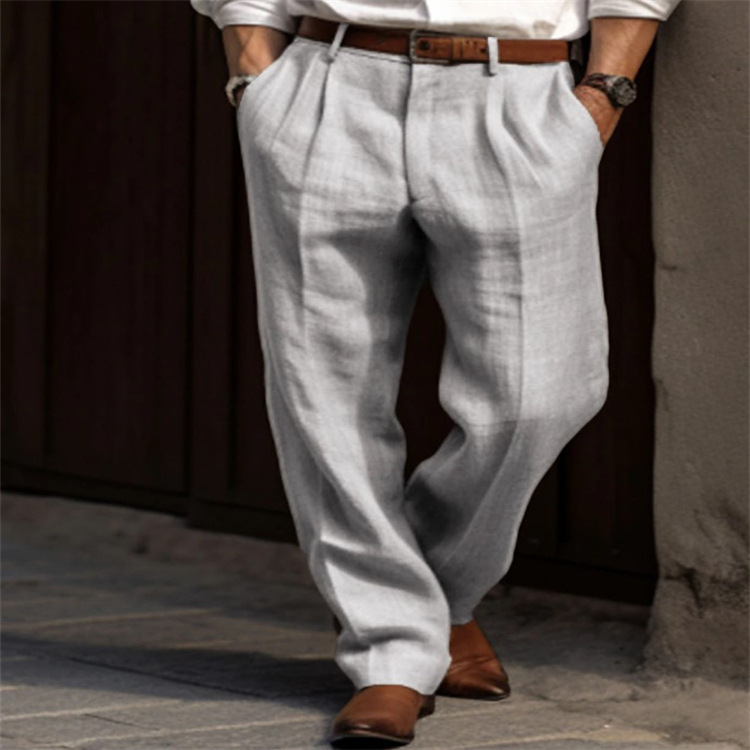 2025 New Men's Linen Straight-Leg Trousers Solid Color Plaid Breathable Casual Daily Vacation Cotton Blend Trousers - Image 9