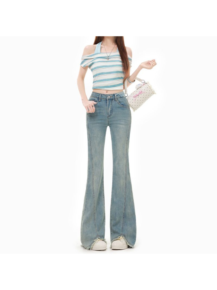 Micro-Flared Jeans for Women 2025 New Autum High-Waisted Slimming Look Horseshoe Pants Raw Edge Pants - Image 10