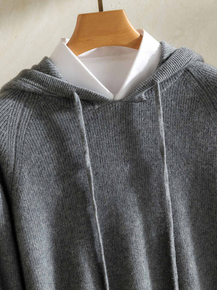 Cashmere Sweater Men's 100 Pure Cashmere Autumn and Winter New Arrival Yuanbao Needle Pullover Drawstring Hoodie Knitted Sweater Jacket - Image 2