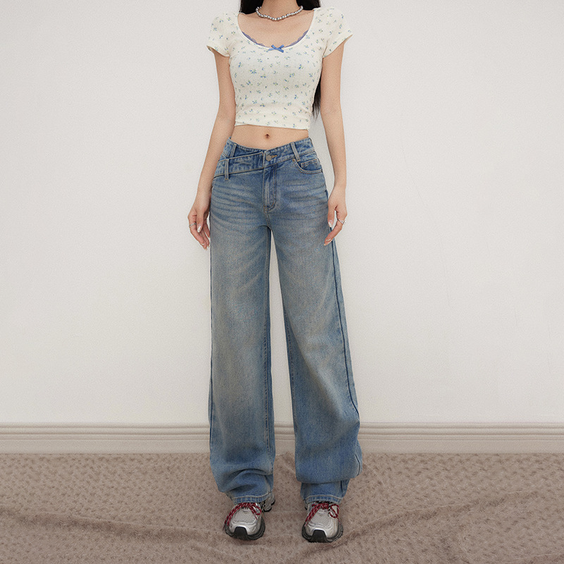 Retro American-Style Low-Waist Loose Straight-Leg Pants with Irregular Waist Design, Versatile Slim-Fit Narrow Jeans for Women - Image 7