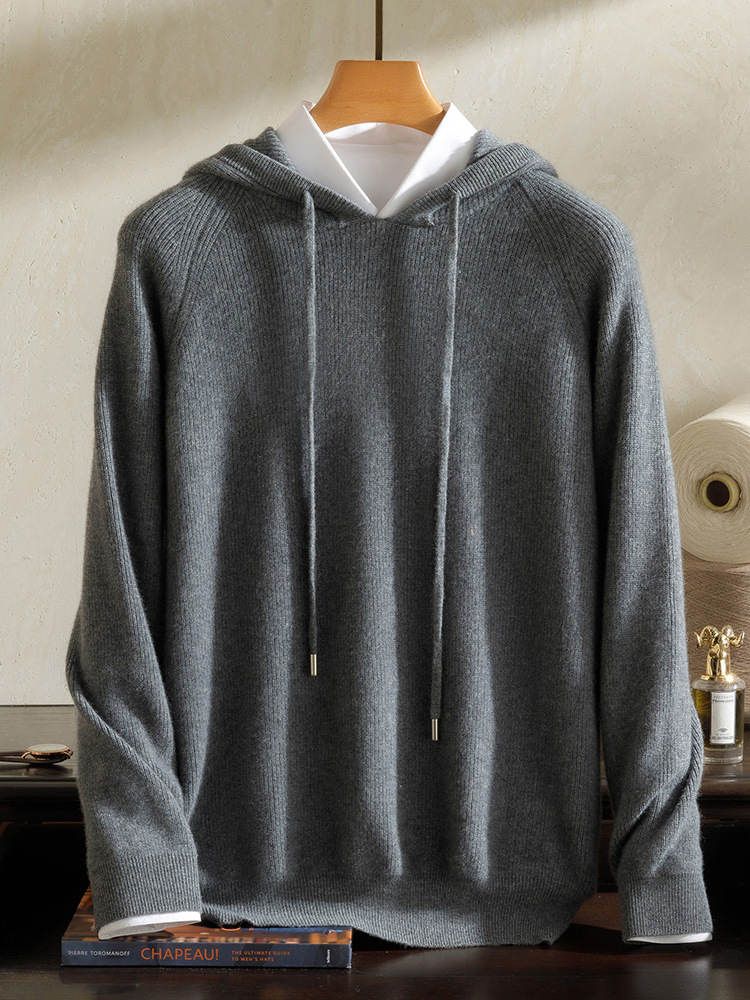 Cashmere Sweater Men's 100 Pure Cashmere Autumn and Winter New Arrival Yuanbao Needle Pullover Drawstring Hoodie Knitted Sweater Jacket - Image 5