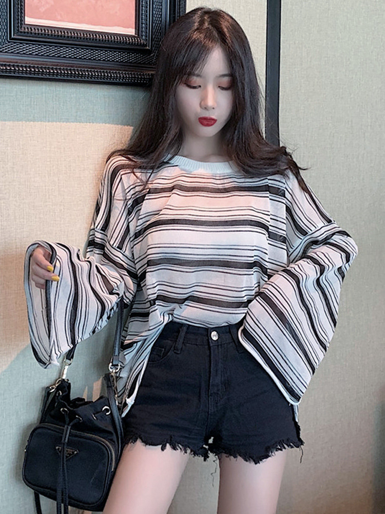 Summer Standard Thin Sunscreen T-shirt Women's Korean-style Lazy Casual All-match Air-conditioning Shirt Blouse Loose Striped Top - Image 3